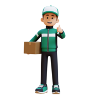 3D Delivery Man Character Giving Thumbs Up Pose with Parcel Box png