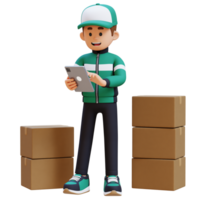 3d consegna uomo personaggio Lavorando su tavoletta con pacco scatola png