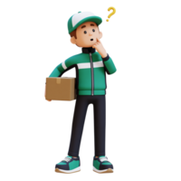 3D Delivery Man Character Confused and Thinking Pose with Parcel Box png