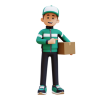 3D Delivery Man Character Pointing to the Left Pose with Parcel Box png