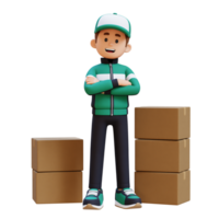 3D Delivery Man Character Crossed Arms Pose with Parcel Box png