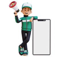 3d livraison homme personnage en portant mégaphone et mensonge sur gros vide téléphone écran avec parcelle boîte png