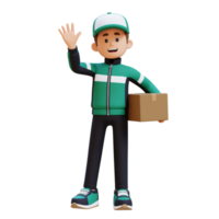 3D Delivery Man Character Waving Hand Pose with Parcel Box png