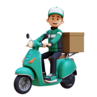 3d consegna uomo personaggio consegnando pacchetto con un' scooter png