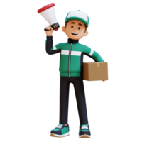 3D Delivery Man Character Holding Megaphone with Parcel Box png