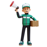 3D Delivery Man Character Holding Megaphone with Parcel Box png