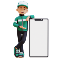 3D Delivery Man Character Presenting and Lying on Big Empty Phone Screen png