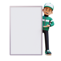 3D Delivery Man Character Presenting on Blank Placard png