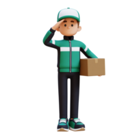 3D Delivery Man Character Salute Pose with Parcel Box png