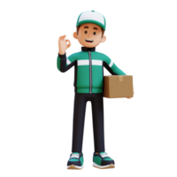 3d Lieferung Mann Charakter mit in Ordnung Zeichen Hand Pose mit Paket Box png