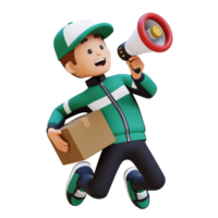 3D Delivery Man Character Holding Megaphone with Parcel Box png