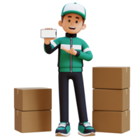 3D Delivery Man Character Presenting on Empty Phone Screen with Parcel Box png