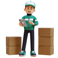 3D Delivery Man Character working on Tablet with Parcel Box png