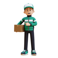 3D Delivery Man Character Pointing to the Right Pose with Parcel Box png