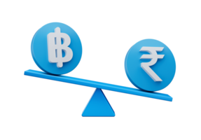3d White Baht And Rupee Symbol On Rounded Blue Icons With 3d Balance Weight Seesaw, 3d illustration png