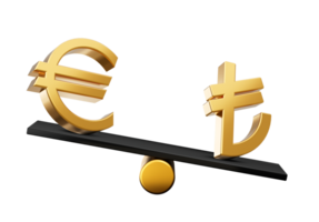 3d Golden Euro And Lira Symbol On Rounded Black Icons With 3d Balance Weight Seesaw 3d illustration png