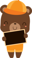 Cute brown bear wearing orange overalls and cap, as student, cartoon character. Back to school concept. Flat design illustration. png