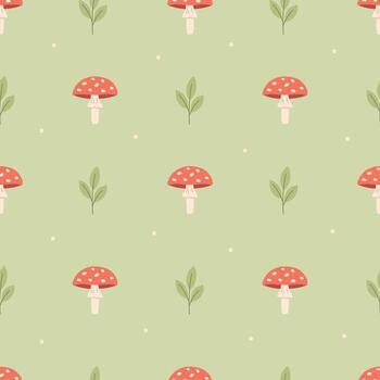 Seamless pattern with toadstool and sprout. Design for fabric, textile, wrapping paper. Vector illustration in flat style