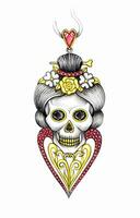 Jewelry design art vintage heart mix skull pendant design by hand drawing on paper. vector