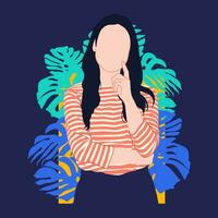 free vector flat woman thinking on a symmetrical background with a botanical theme