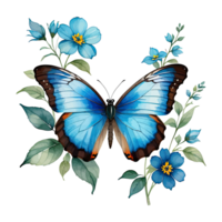 Watercolor Clipart Blue Morpho Butterfly on Blue Flower png