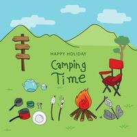 Camping hand drawn doodle vector illustration. Camping concept.