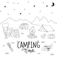 Camping hand drawn doodle vector illustration. Camping concept.