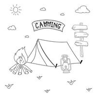 Camping hand drawn doodle vector illustration. Camping concept.