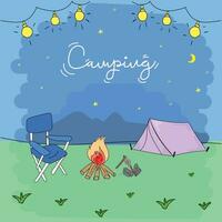 Camping hand drawn doodle vector illustration. Camping concept.