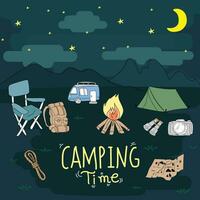 Camping hand drawn doodle vector illustration. Camping concept.