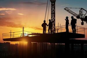 AI generated Silhouette of Engineer and worker with clipping path on building site, construction site at sunset in evening time. photo