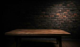 AI generated Empty wooden background with brick wall and neon lights. Brick walls, neon signs and lamps photo