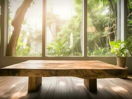 AI generated vintage wooden board table in front of dreamy and abstract park landscape photo