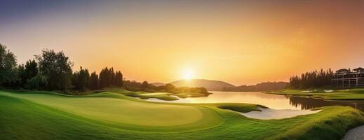 AI generated Sunrise Serenity at the Lakeside Golf Course Landscape photo