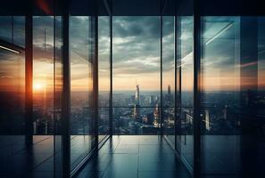 AI generated Office building glass and city skyline. Empty modern office background in city center photo