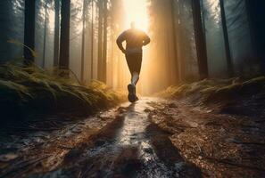 AI generated A person running on a trail on a sunny morning in the forest. photo