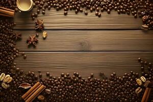 AI generated a cup of coffee stands on the table among the coffee beans, top view, flat lay, background photo