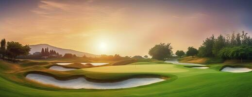 ai generado amanecer serenidad a el orilla del lago golf curso paisaje foto