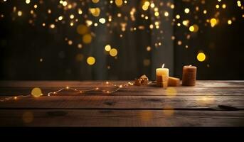 AI generated Wood table top of blurred abstract gold bokeh background with christmas lights. photo