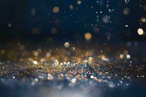 AI generated Blurred background with bokeh. Glitter Gold and Happy New Year greeting card. Abstract of Bright and sparkling bokeh background. photo