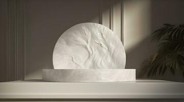 AI generated 3D minimal abstract beige concrete podium display, pedestal, or platform for cosmetic product presentation or branding with lights and plants shadows photo