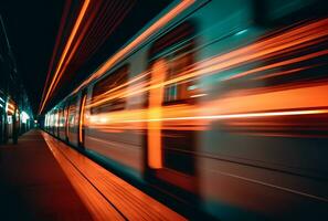 ai generado un hermosa largo exposición de un tren paso por a el subterráneo estación foto