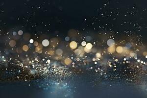 AI generated Blurred background with bokeh. Glitter Gold and Happy New Year greeting card. Abstract of Bright and sparkling bokeh background. photo