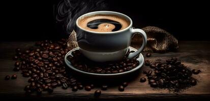 AI generated Coffee Cup and Beans on Wooden Table photo