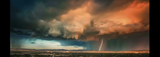 AI generated Thunderclouds on an epic dramatic stormy sky with lightning flashes over the city photo