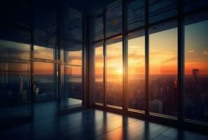 AI generated Office building glass and city skyline. Empty modern office background in city center photo