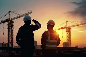 AI generated Silhouette of Engineer and worker with clipping path on building site, construction site at sunset in evening time. photo