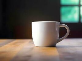 AI generated Coffee cup on wooden table in the morning with gold light feeling warm photo