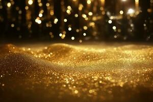 AI generated Golden glitter bokeh lighting texture Blurred abstract background for birthday, anniversary, wedding, new year eve or Christmas. photo