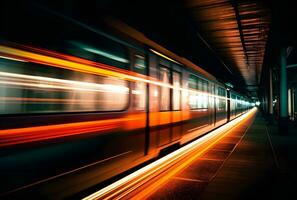 ai generado un hermosa largo exposición de un tren paso por a el subterráneo estación foto